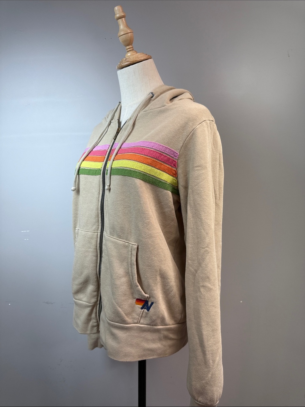 Aviator Nation Tan 5 Stripe Hoodie featuring a rainbow stripe - Small - Picture 3 of 5